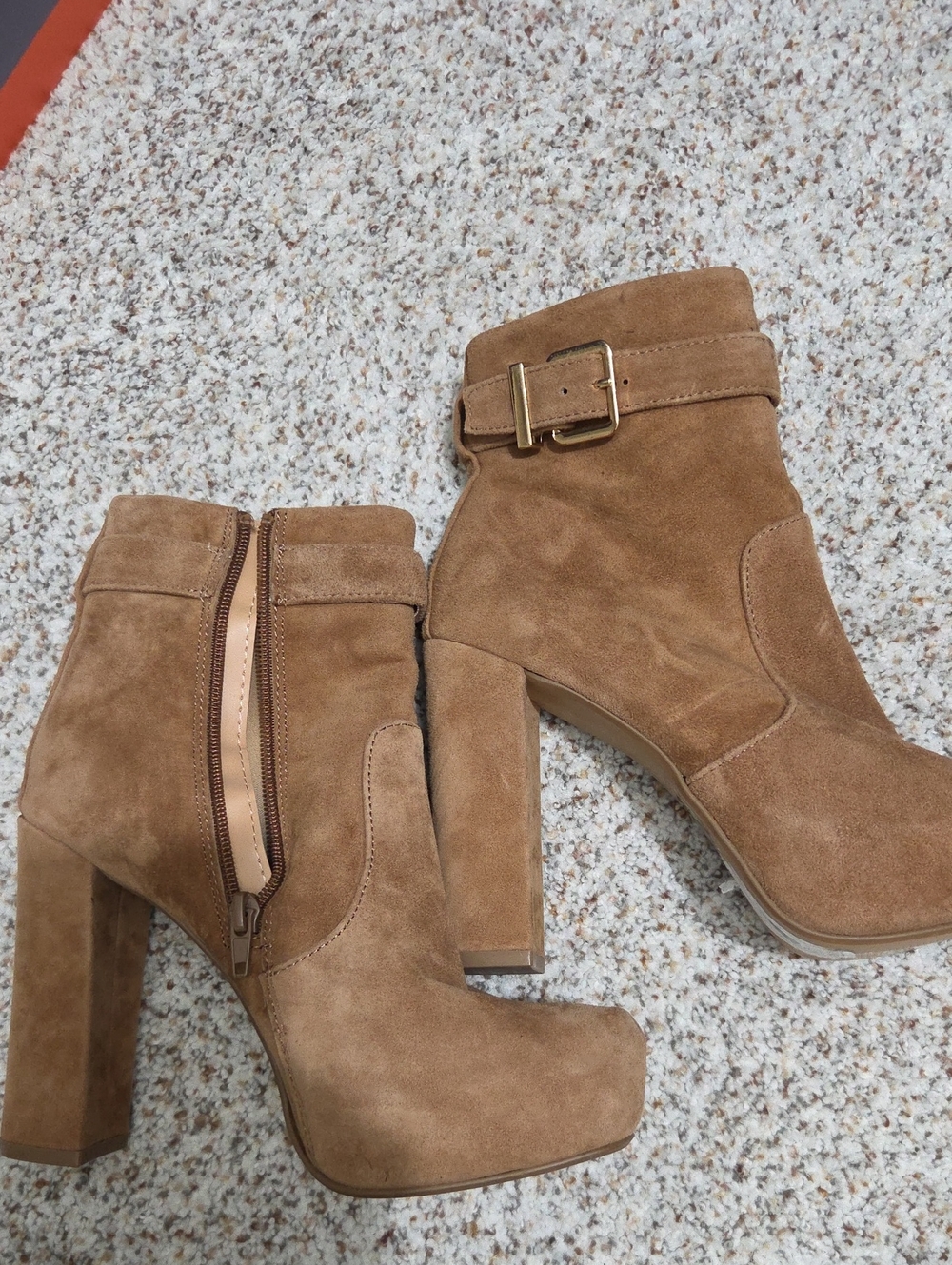 Women's Suede Buckle Ankle Boots in Tan Never Worn